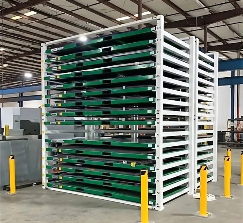 Custom Drawer Sheet Metal Racks: Cut Downtime & Boost Workshop Safety for Metal Fabrication Shops 5 White and green full forklift sheet metal storage rack