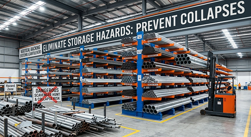 Why Full Turnkey Cantilever Sheds Beat Random Yard Storage 3 Outdoor safety contrast between hazardous floor stacking and structured cantilever use