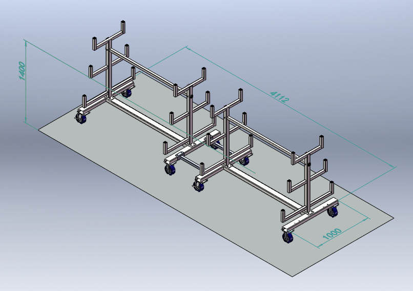 Mobile Cantilever Rack Technical Solution for Long Material Handling 2 3D CAD model of 4112mm long mobile cantilever rack showing linked dual-unit configuration with casters
