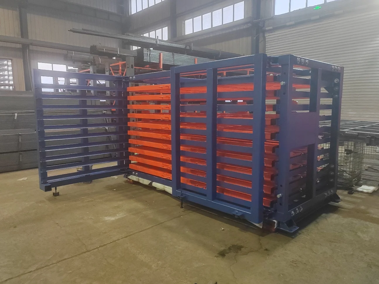 10-Drawer Bplarack for Aluminum Door Panel Sheet Storage 4 Bplarack with side doors opened to 3220 mm width for aluminum sheet access