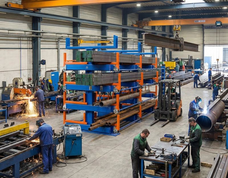 Rack cantilever telescópico de serviço pesado armazenando perfis longos de aço em uma oficina de fabricação