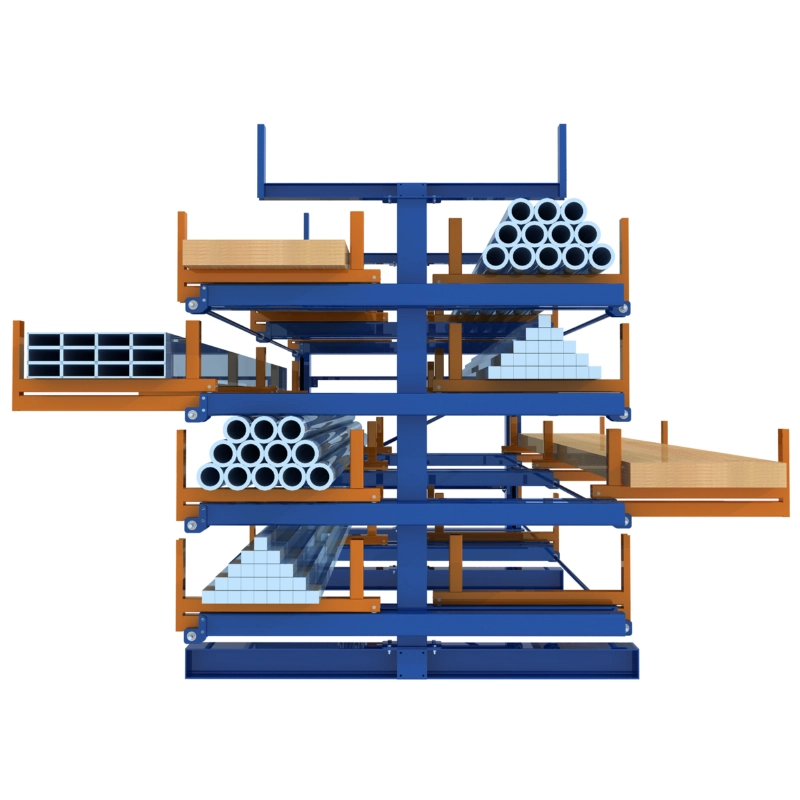 Renderização 3D isométrica de rack cantilever telescópico com armazenamento de tubos de aço, perfis e chapas