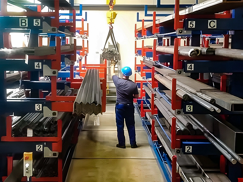Out Cantilever Rack Efficient Storage 2 Real warehouse photo of a blue telescopic cantilever rack storing long steel tubes with hand-crank drive