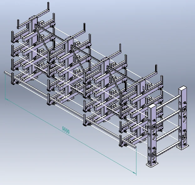 APOGEI METALL LLC: Telescopic Cantilever Rack for Long Material Storage 2 Double-sided telescopic cantilever rack system showing gear-and-rack drive and hand-crank handles