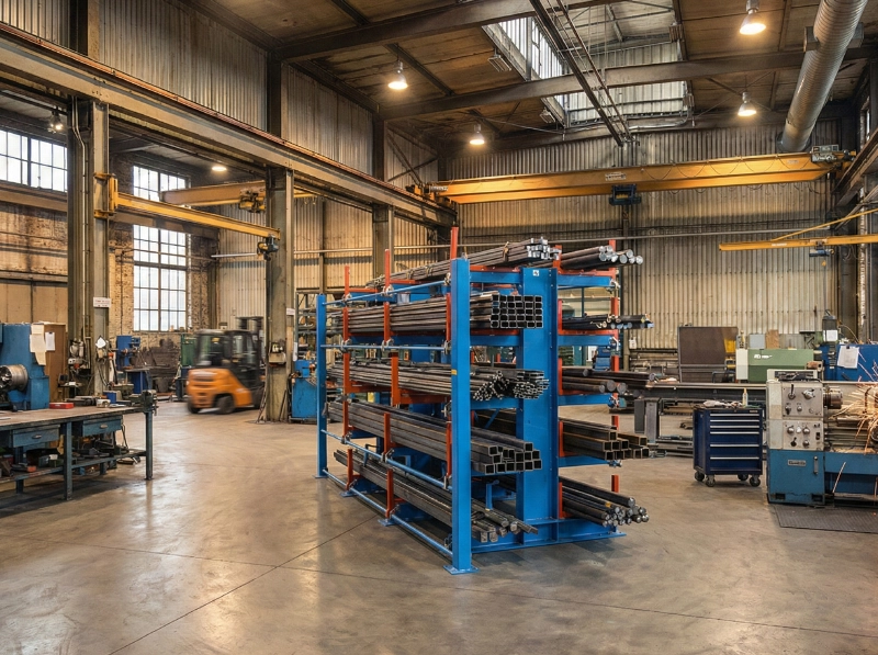 Out Cantilever Rack Engineering 2 Factory-installed telescopic cantilever rack for long steel pipes, with blue-orange manual retractable arms