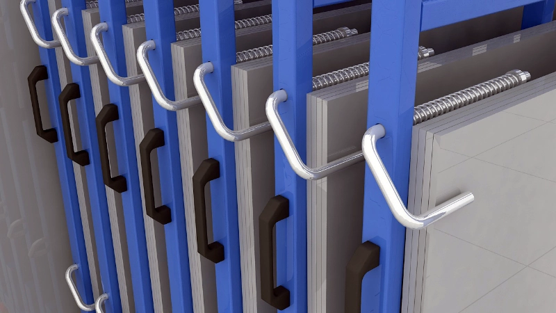 Bosche 05044: Aplarack Vertical Sheet Rack for Safer, Faster Sheet Handling 3 Close-up of spring-loaded safety locking pins and handles on the Aplarack vertical sheet rack