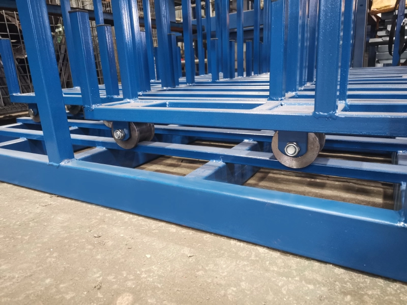 Bosche 05044: Aplarack Vertical Sheet Rack for Safer, Faster Sheet Handling 4 Blue Q235 steel vertical sheet rack base with heavy-duty guide rollers and welded frame detail