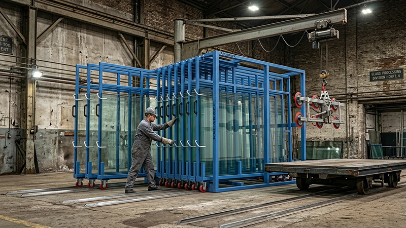 Glasstech Europe Case: Aplarack Vertical Sheet Rack for Glass Panel Storage 2 Aplarack vertical sheet rack for Glasstech Europe glass panel storage with open-top overhead crane access