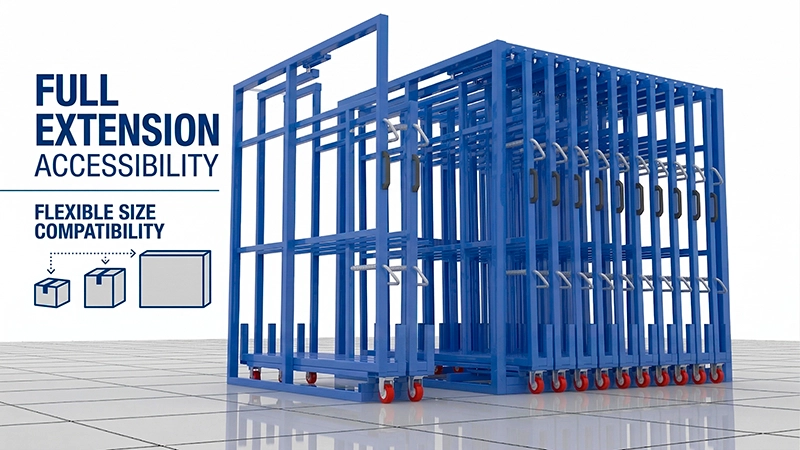Aplarack Vertical Sheet Rack for Glass Processing Workshops: Safer Picks, Cleaner Aisles, Full-Extension Access 2 3D render of blue Q235 steel vertical sheet rack with full-extension drawers and heavy-duty casters