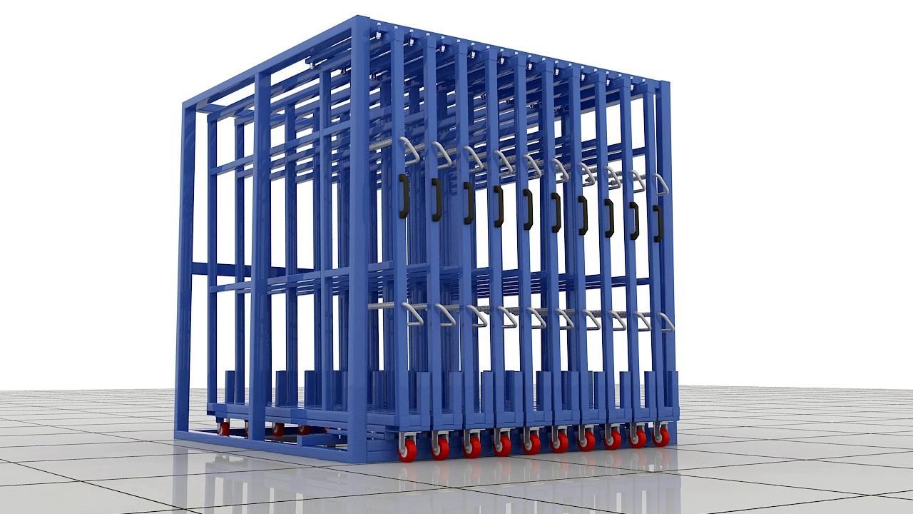 Aplarack Vertical Sheet Rack for Glass Processing Workshops: Safer Picks, Cleaner Aisles, Full-Extension Access 3 3D render of a blue Q235 steel roll-out vertical sheet rack with heavy-duty casters and crane access