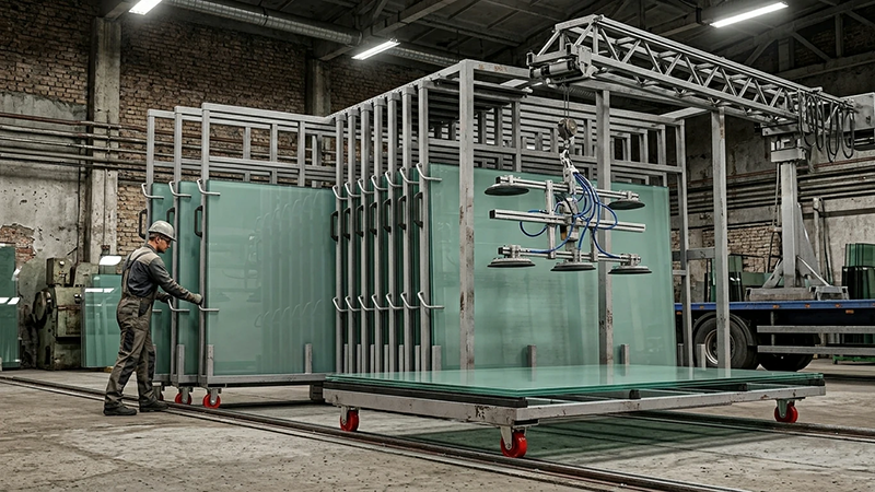 Aplarack Vertical Sheet Rack for Glass Processing Workshops: Safer Picks, Cleaner Aisles, Full-Extension Access 6 Real warehouse photo of a Q235 steel vertical sheet rack with glass panels, casters, and crane access