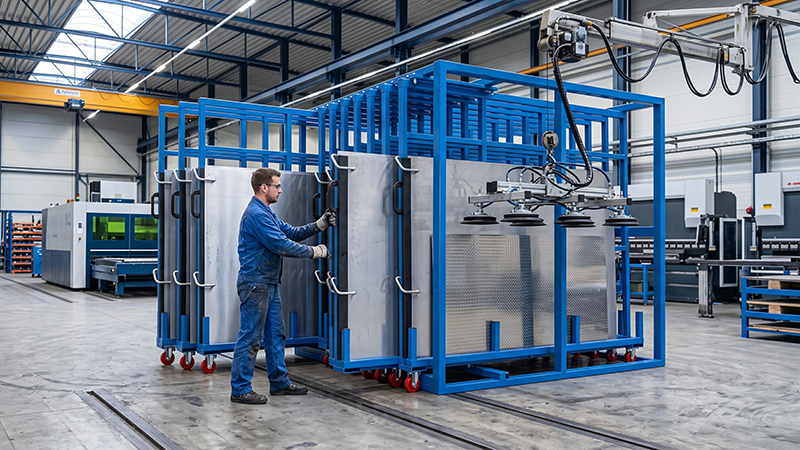 Metal Sheet Rest Piece Storage Rack for ETP Metals | Aplarack 2 Workshop photo of Aplarack sheet metal storage rack used for metal sheet rest pieces