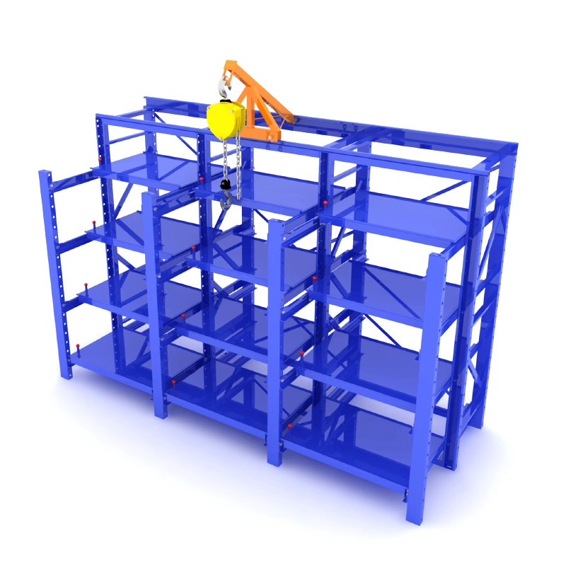 Die Storage Rack Technical Solution for Tru-Trac Rollers Pty Ltd 2 Blue three-column die storage rack with full-extension drawers and overhead crane clearance in an industrial workshop