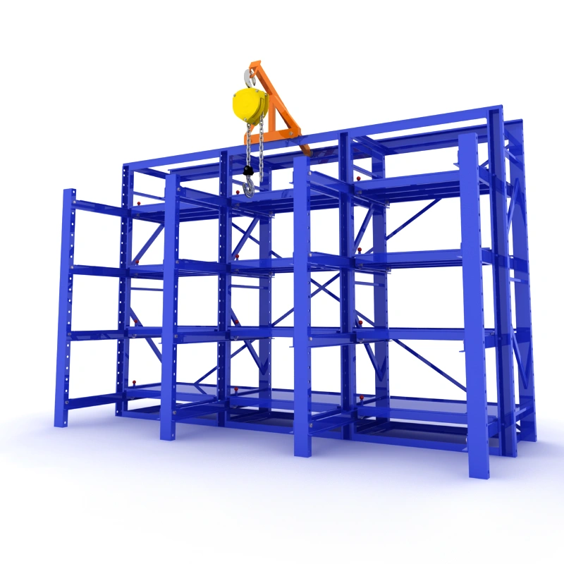 Die Storage Rack Technical Solution for Tru-Trac Rollers Pty Ltd 3 Blue heavy duty mold rack with overhead crane hoist and multi-level steel frame for injection mold storage