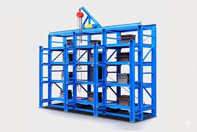 Die Rack Technical Solution for Emirates Polystyrene Industries 2 Blue three-post roll-out mold rack with overhead crane clearance and multi-tier drawers