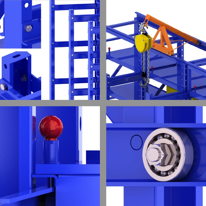 Die Rack Technical Solution for Emirates Polystyrene Industries 3 Blue three-post die roll-out rack with overhead crane rail, ball bearing rollers, and safety pin