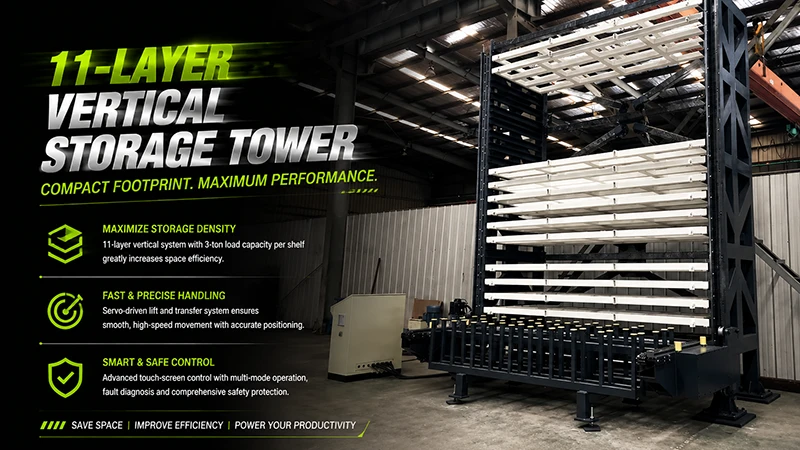 Eleven-layer vertical sheet storage tower with servo-driven transfer and three-ton shelf capacity
